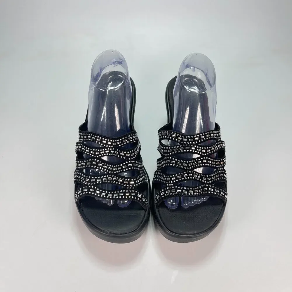 Skechers Rumble Up Funny Business Black Rhinestone Wedge Sandals Women's Size 11